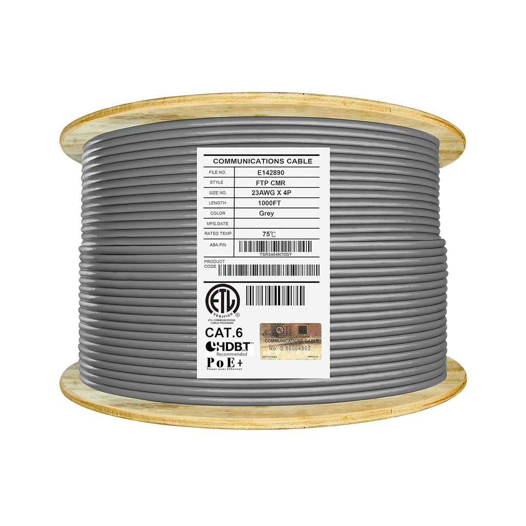 Bulk Ethernet Cable Reel, Cat6 Shielded Riser, 1000ft, F/UTP 23AWG, Solid Bare Copper, Grey C1289