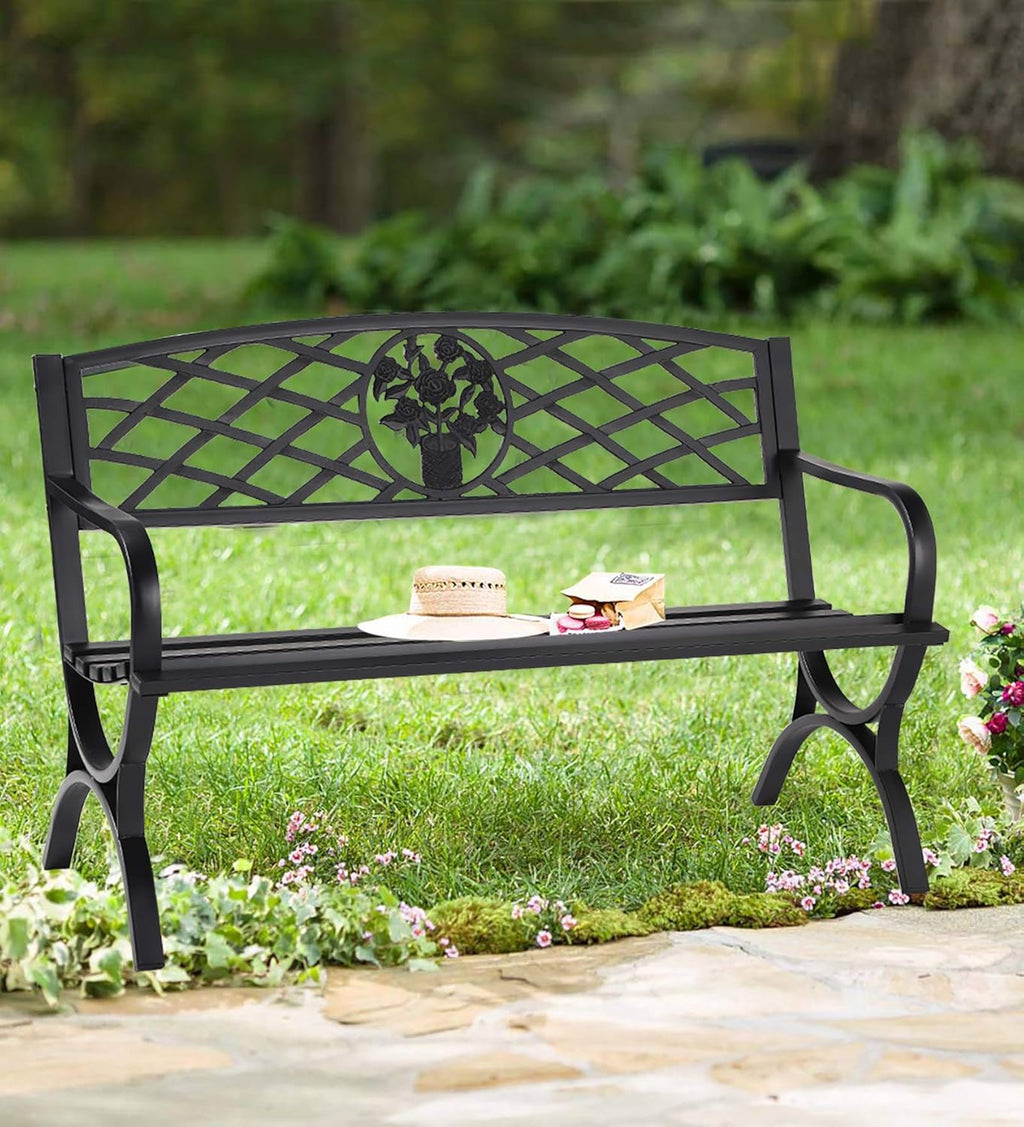 Cast Iron Metal Patio Bench with Armrests W2525