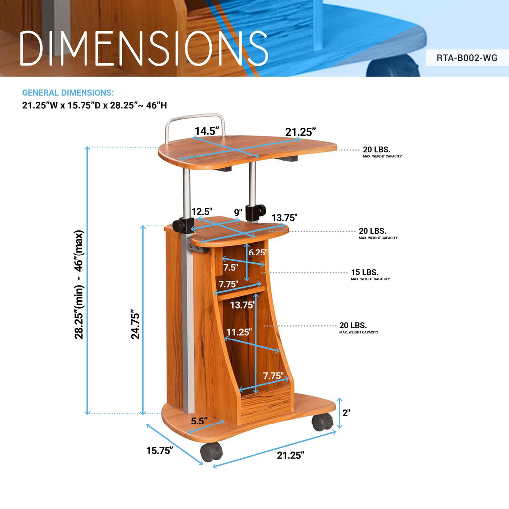 Woodgrain Rolling Adjustable Height Laptop Cart with Storage E8806