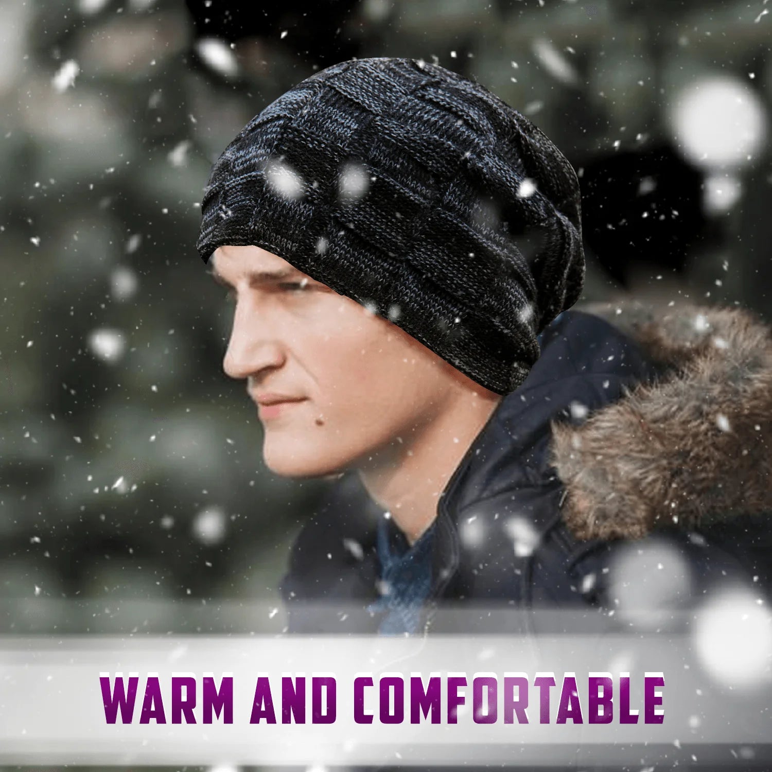 Black Fleece Lined Knit Winter Beanie Hat A9862