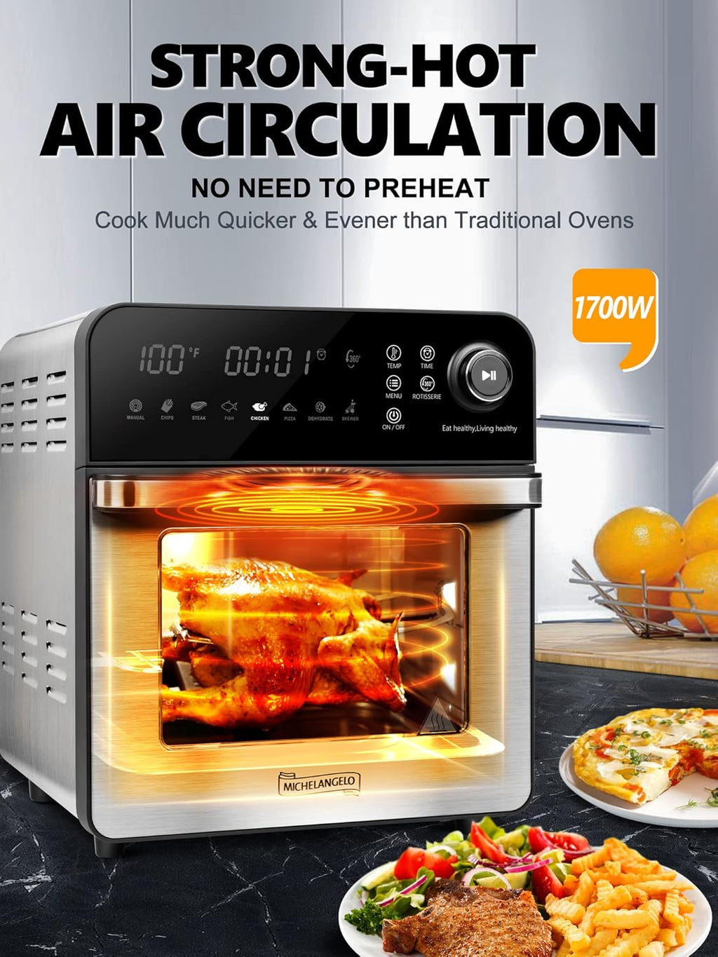 16 Quart 7-in-1 Stainless Steel Air Fryer Oven with Rotisserie and Racks R5890
