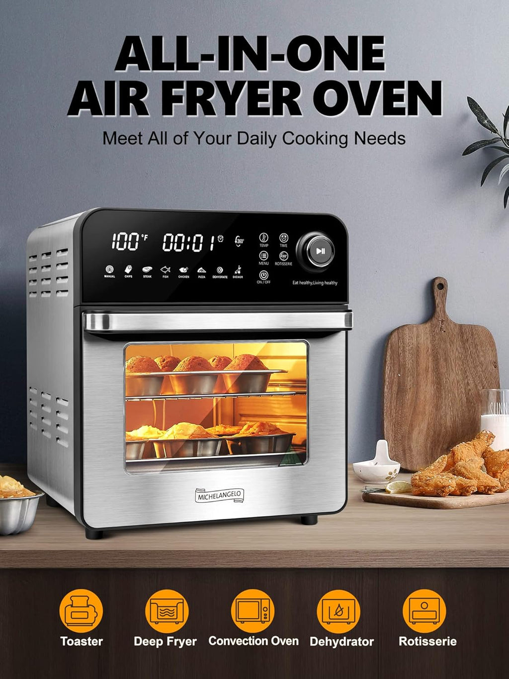 16 Quart 7-in-1 Stainless Steel Air Fryer Oven with Rotisserie and Racks R5890