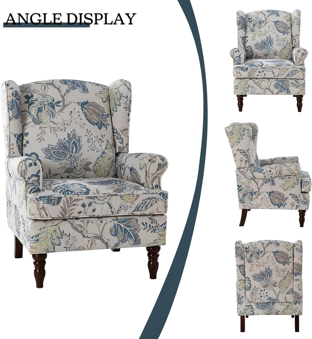 Wingback Accent Chairs Set Of 2 With Wood Legs Fabric Upholstered M4413