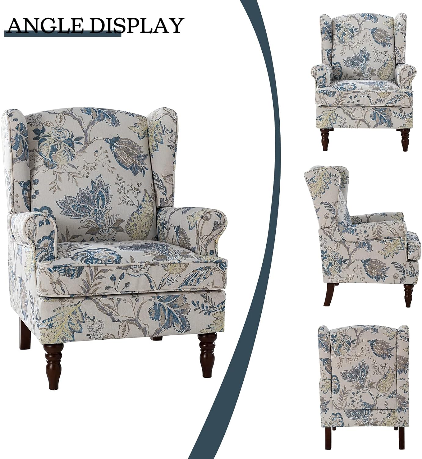 Wingback Accent Chairs Set Of 2 With Wood Legs Fabric Upholstered M4413