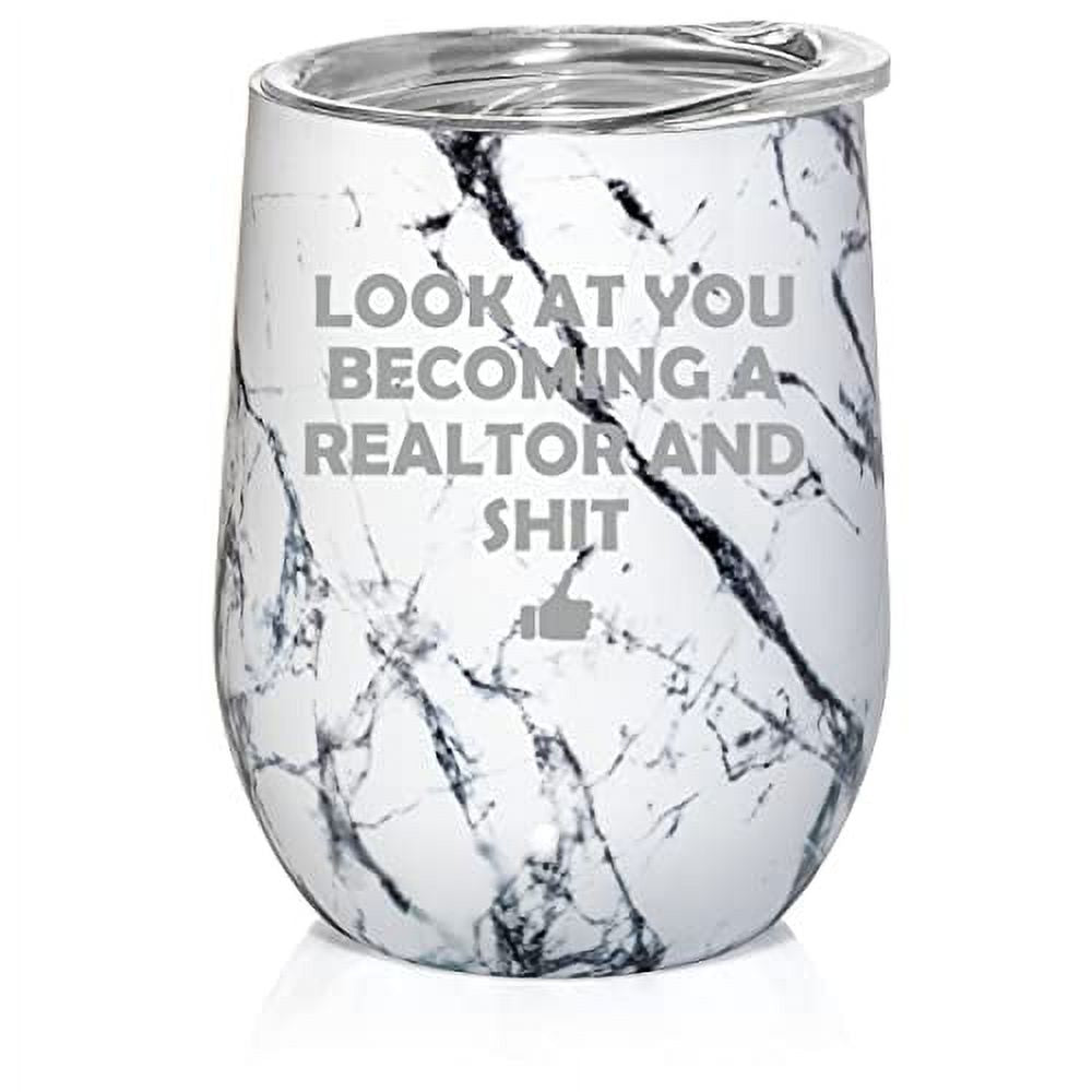 Black White Marble 12 oz Double Wall Vacuum Insulated Stainless Steel Stemless Wine Tumbler with Lid Y879