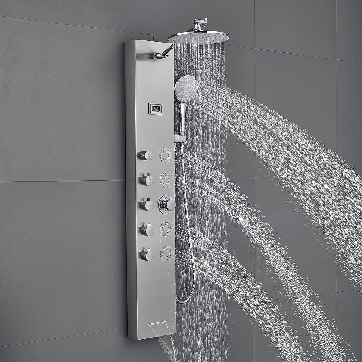 Tempered Glass Shower Panel System with Rainfall Shower, 6 Body Jets, Handheld Wand and Tub Spout A396
