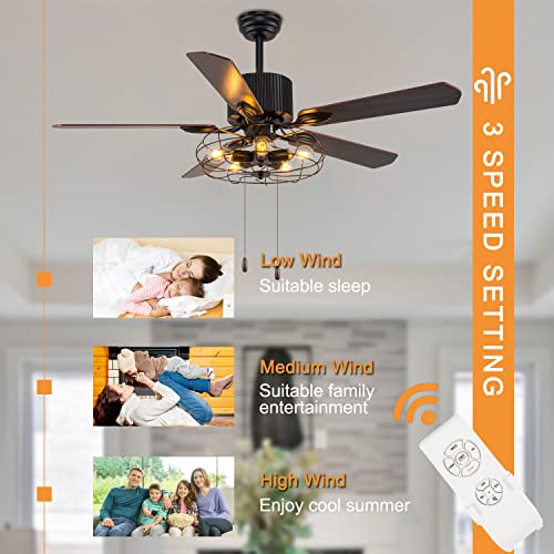 52" Black Ceiling Fan with Lights Remote Control Pull Chain 5 Reversible Blades A88185