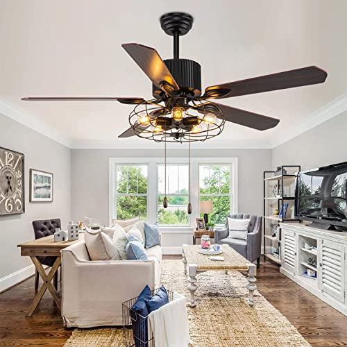 52" Black Ceiling Fan with Lights Remote Control Pull Chain 5 Reversible Blades A88185
