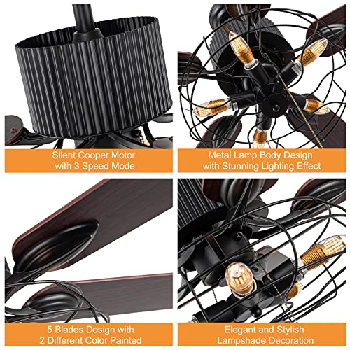 52" Black Ceiling Fan with Lights Remote Control Pull Chain 5 Reversible Blades A88185