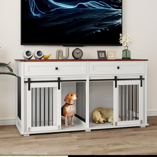 White Wooden Double Dog Crate Furniture with 2 Drawers G909960