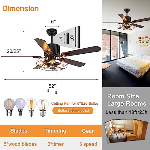 52" Black Ceiling Fan with Lights Remote Control Pull Chain 5 Reversible Blades A88185