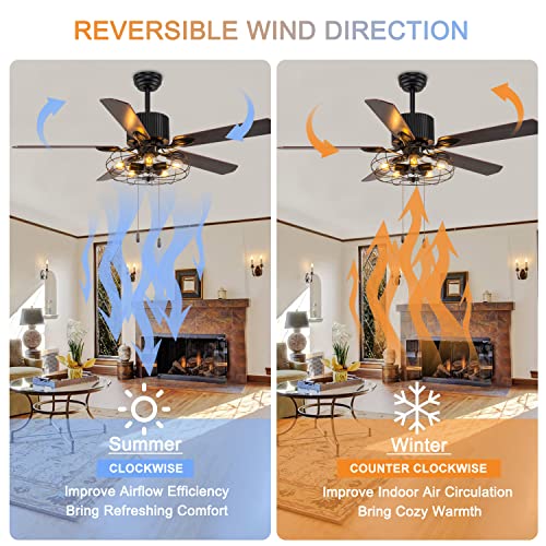 52" Black Ceiling Fan with Lights Remote Control Pull Chain 5 Reversible Blades A88185