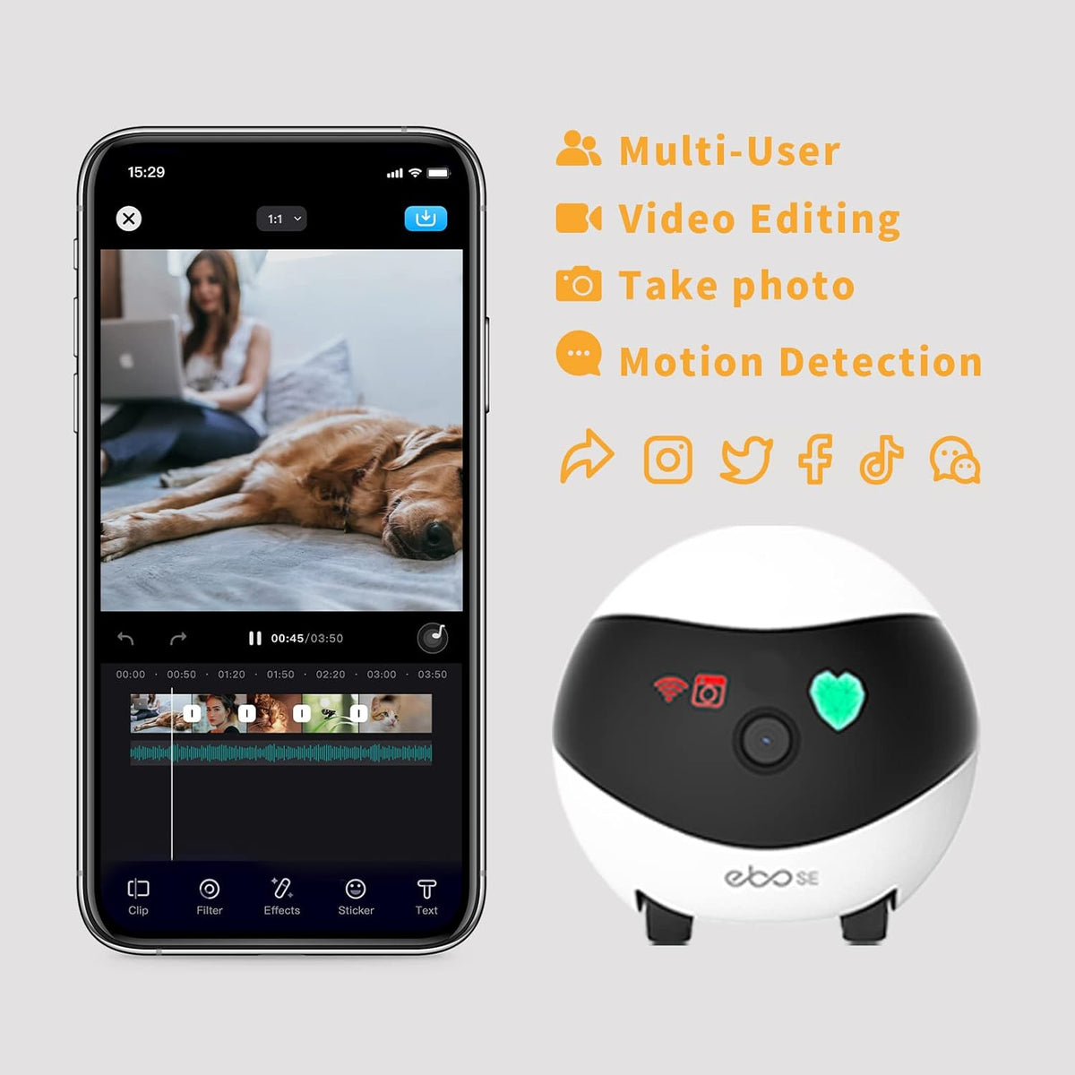 Wireless Pet Camera with Self-Charging, Night Vision, 2 Way Audio Motion Detection O8659