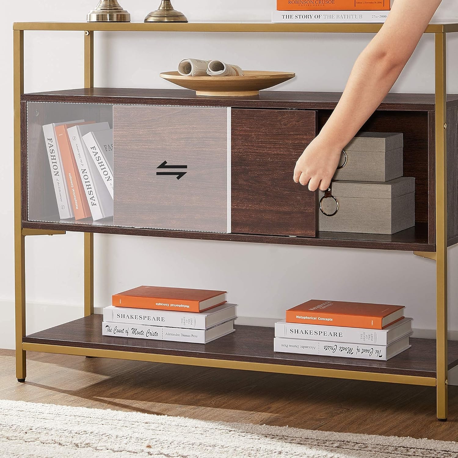 Chocolate Brown and Matte Gold Sideboard with Glass Top and Steel Frame U6061