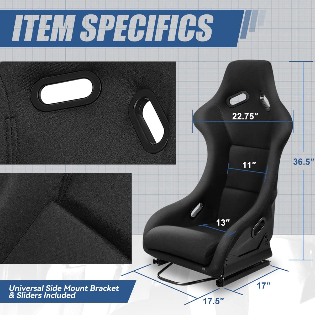 Black Fabric Bucket Racing Seats, Set of 2 E3523