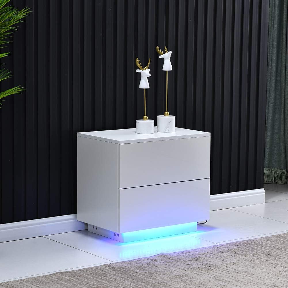 White High Gloss Bedside Table with 2 Storage Drawers and LED Lights P388