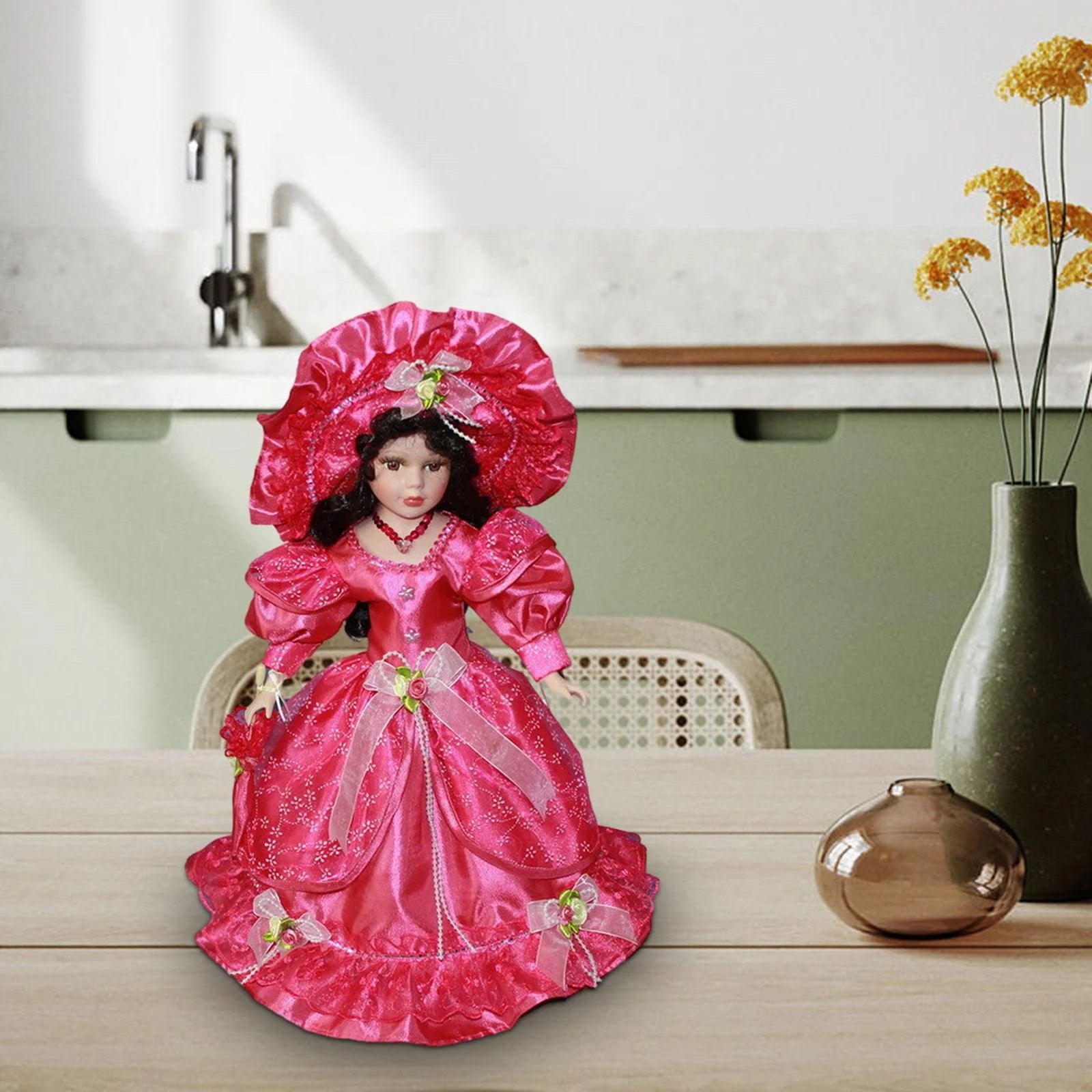 Pink Ceramic Dollhouse Lady with Dress V544