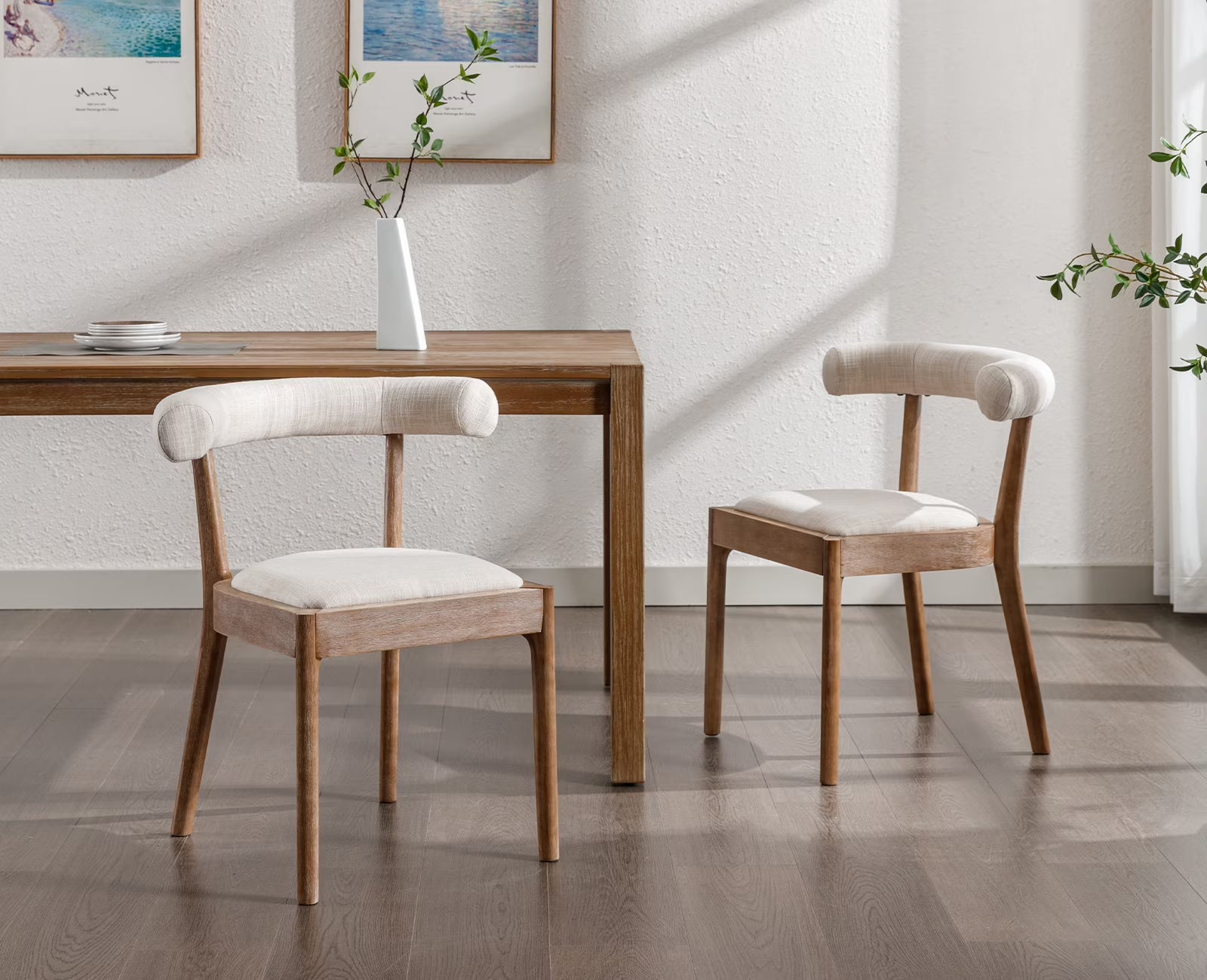 Beige Linen Upholstered Wooden Dining Chairs Set of 2 X705140