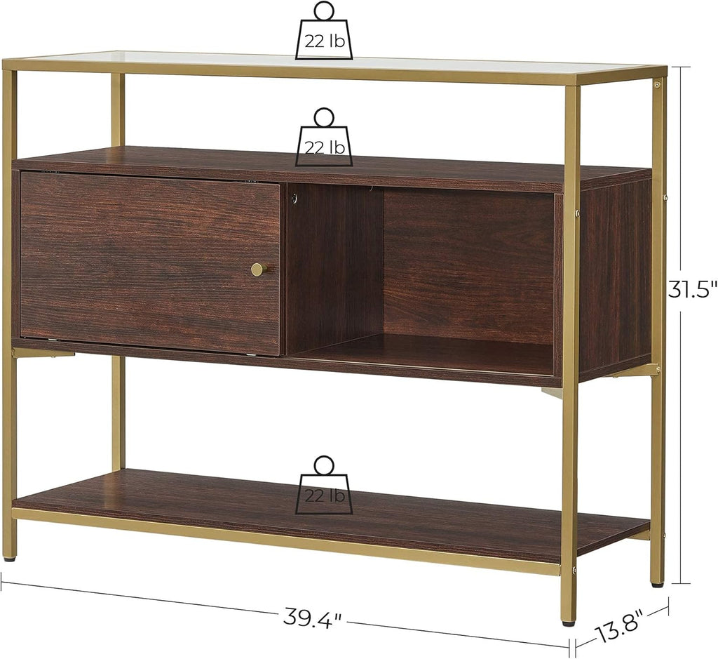 Chocolate Brown and Matte Gold Sideboard with Glass Top and Steel Frame U6061