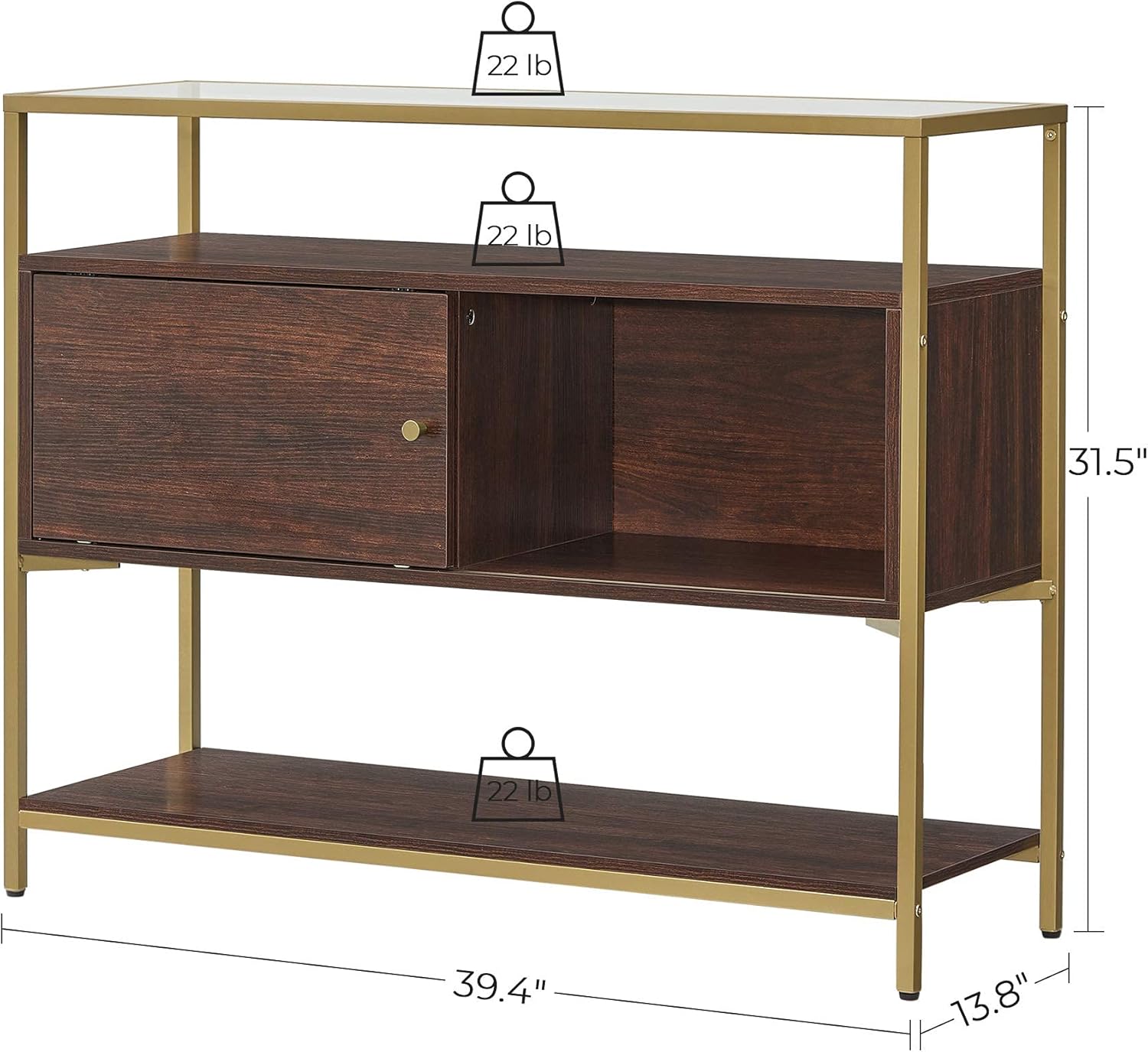 Chocolate Brown and Matte Gold Sideboard with Glass Top and Steel Frame U6061