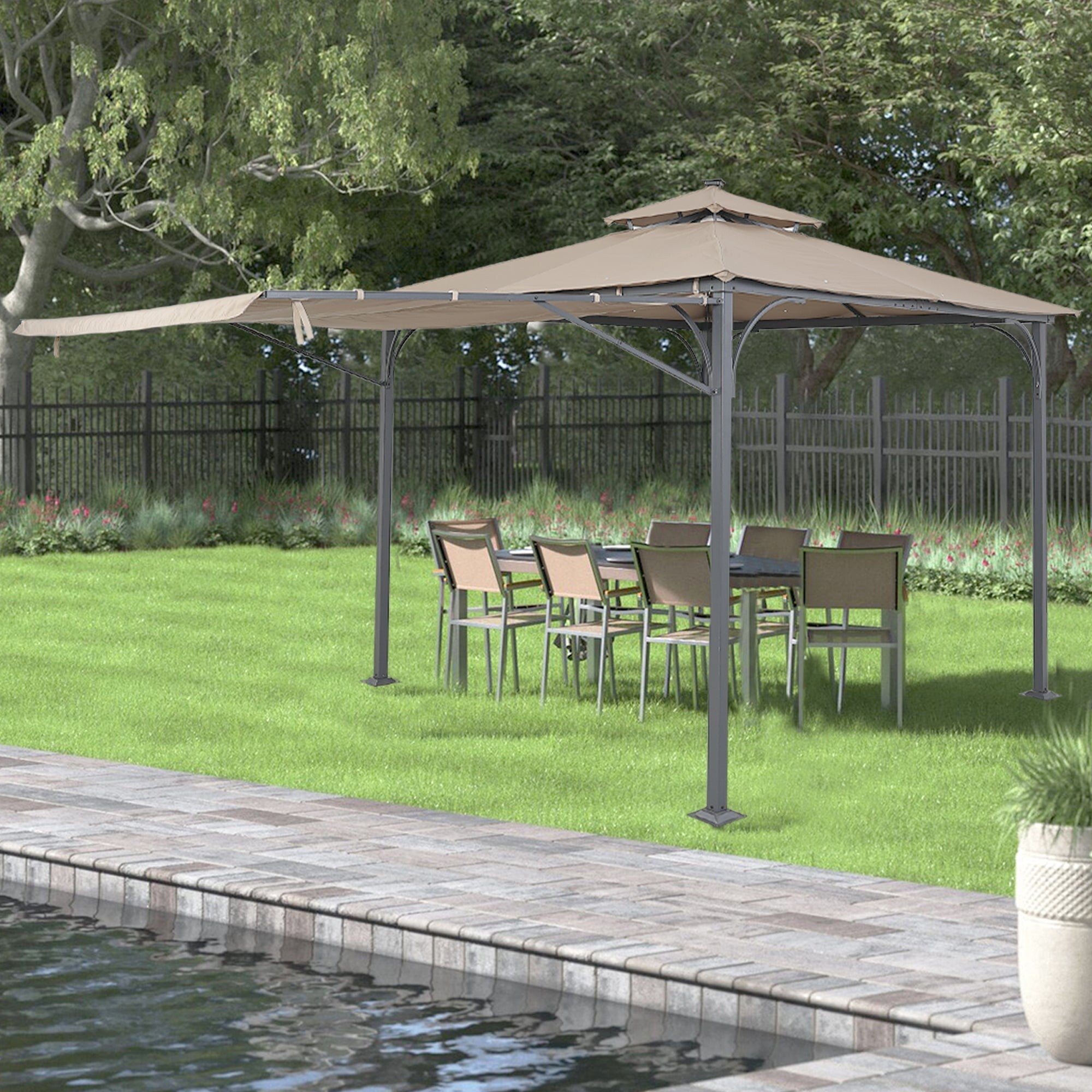 Outdoor Patio Gazebo with Extended Side Shed and Awning and LED Light W7225