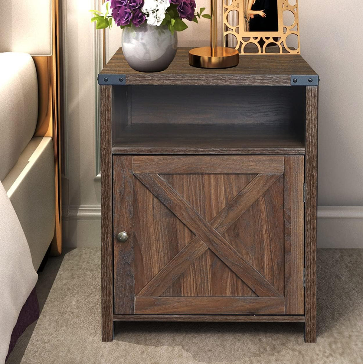 Farmhouse End Table with Cabinet and Shelves, Shaded Oak H4551