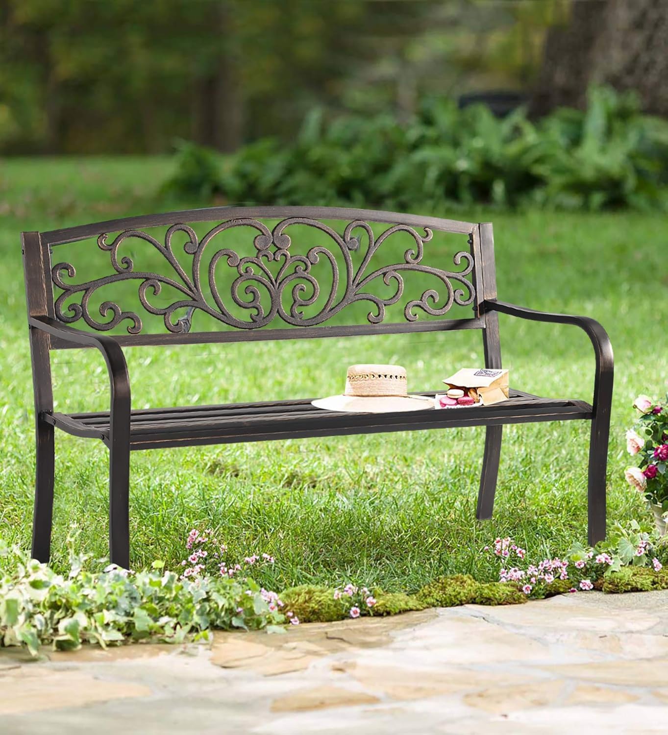 Cast Iron Metal Patio Bench with Armrests W2525