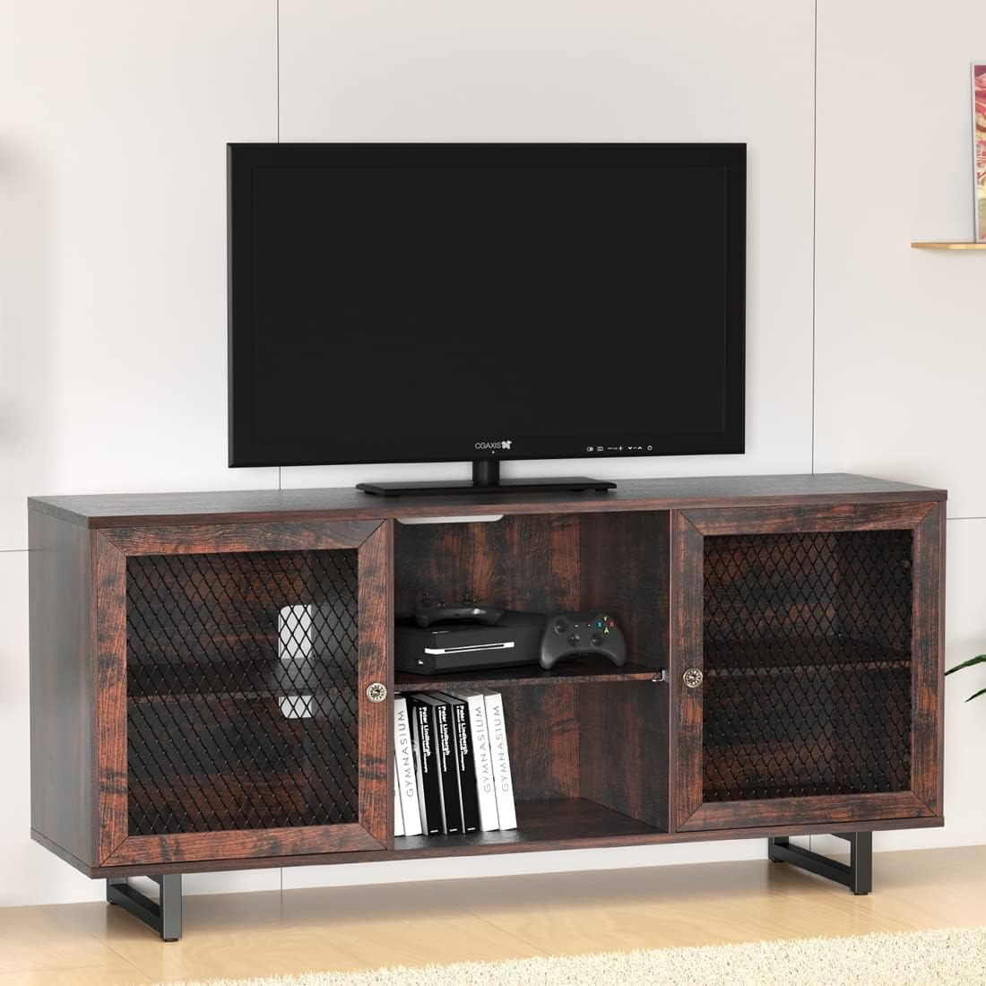 Rustic Brown & Black TV Cabinet with Mesh Doors B86445