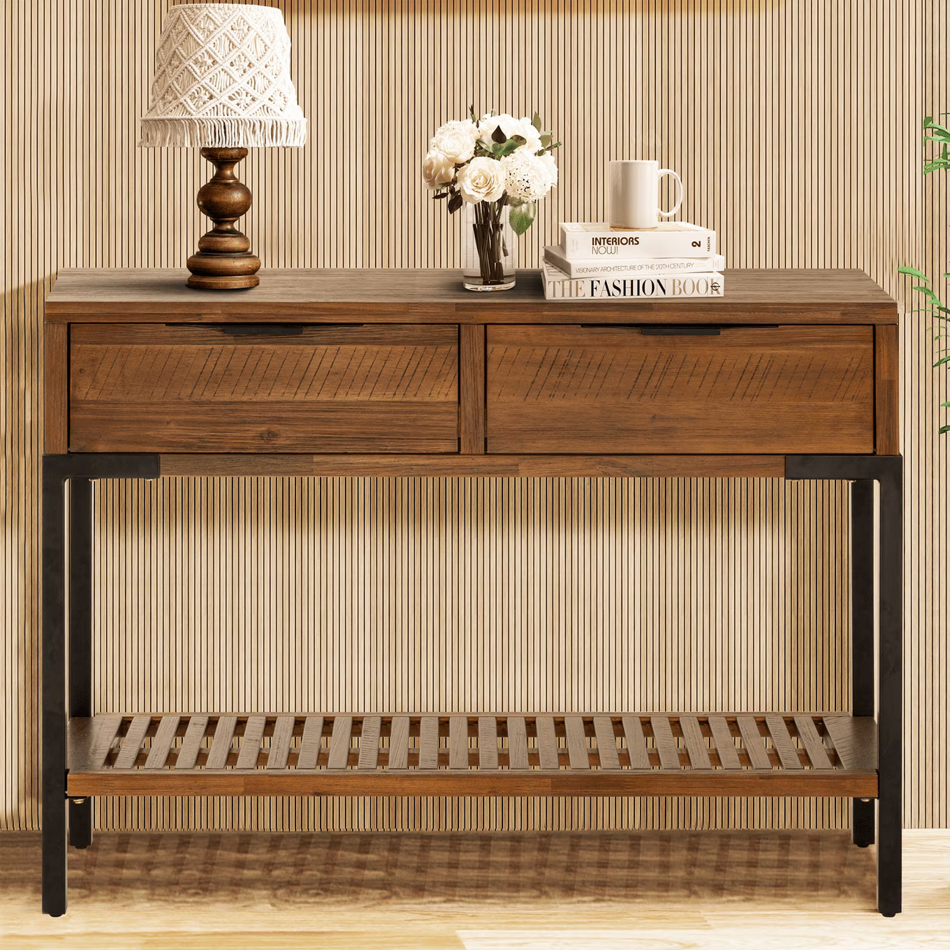 Solid Wood Console Table 2 Drawers, Burnt Umber N3587