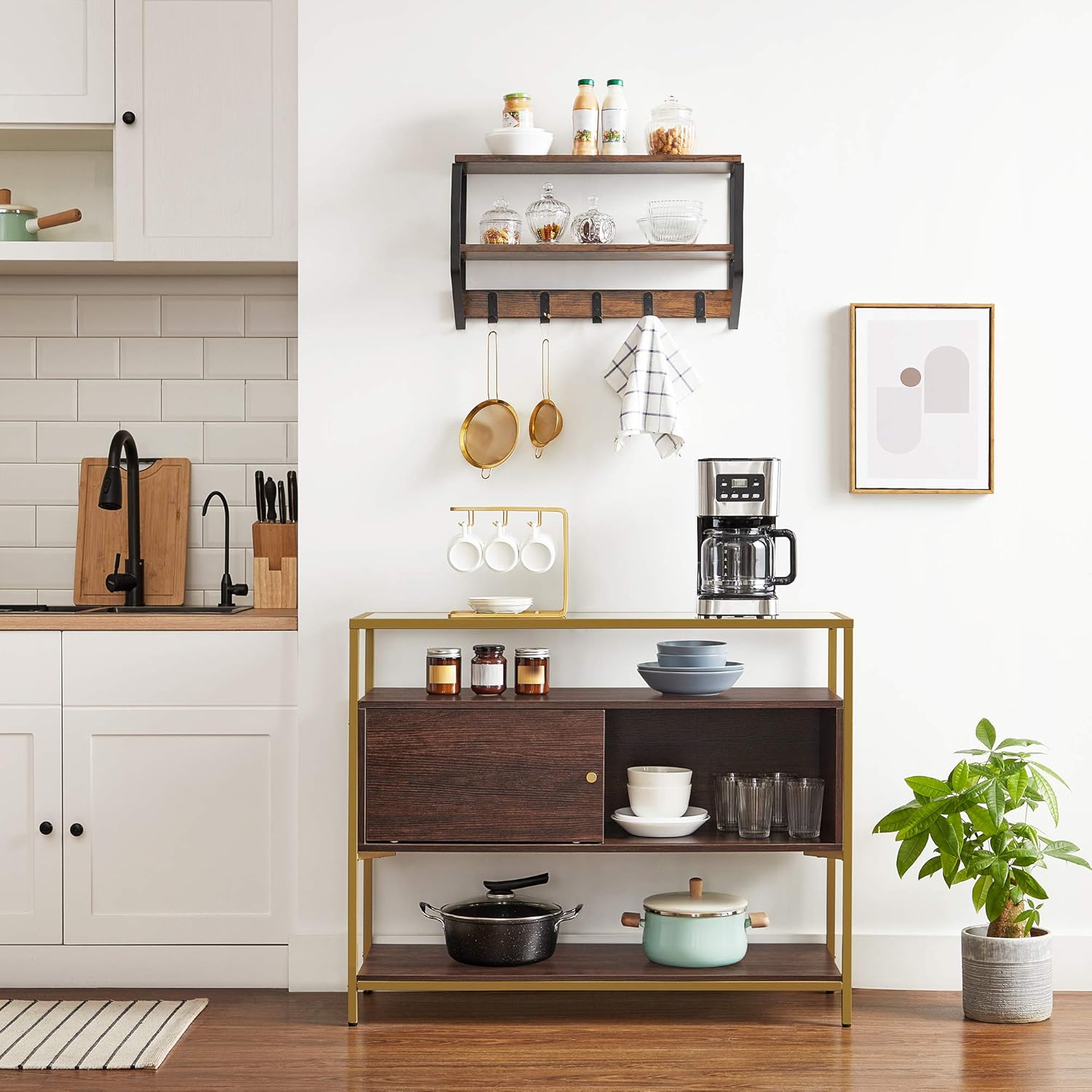 Chocolate Brown and Matte Gold Sideboard with Glass Top and Steel Frame U6061