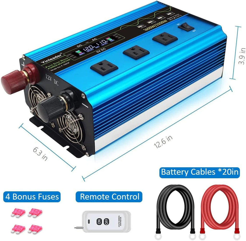 1600W Pure Sine Wave Power Inverter 12V to 110V with Wireless Remote Controller, LCD Display, 3 AC Outlets and 4 Fast Charge USB Ports M506644