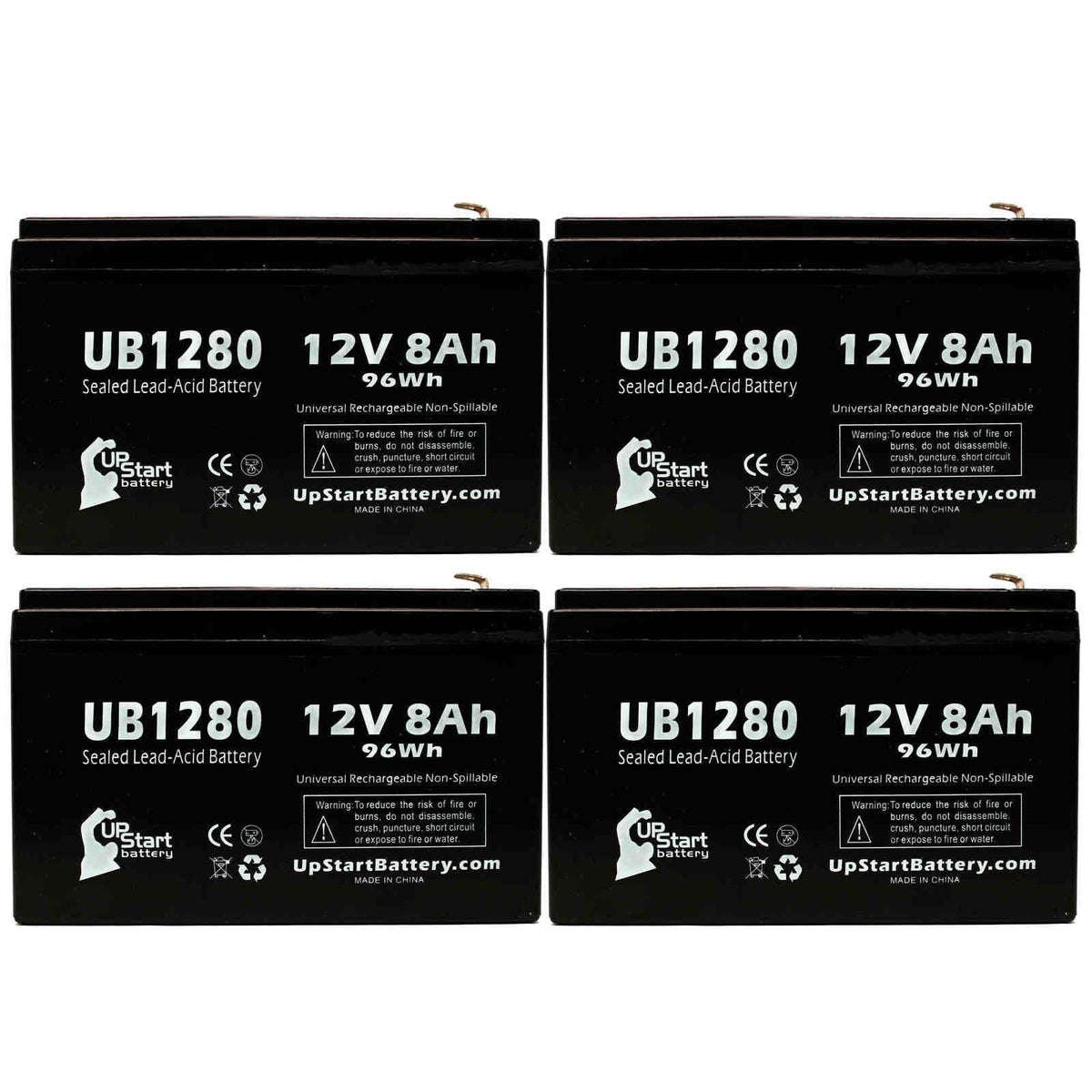 4x Pack Sealed Lead Acid Battery (12V, 8Ah, 8000mAh, F1 Terminal, AGM) with 8 F1 to F2 Terminal Adapters N485676