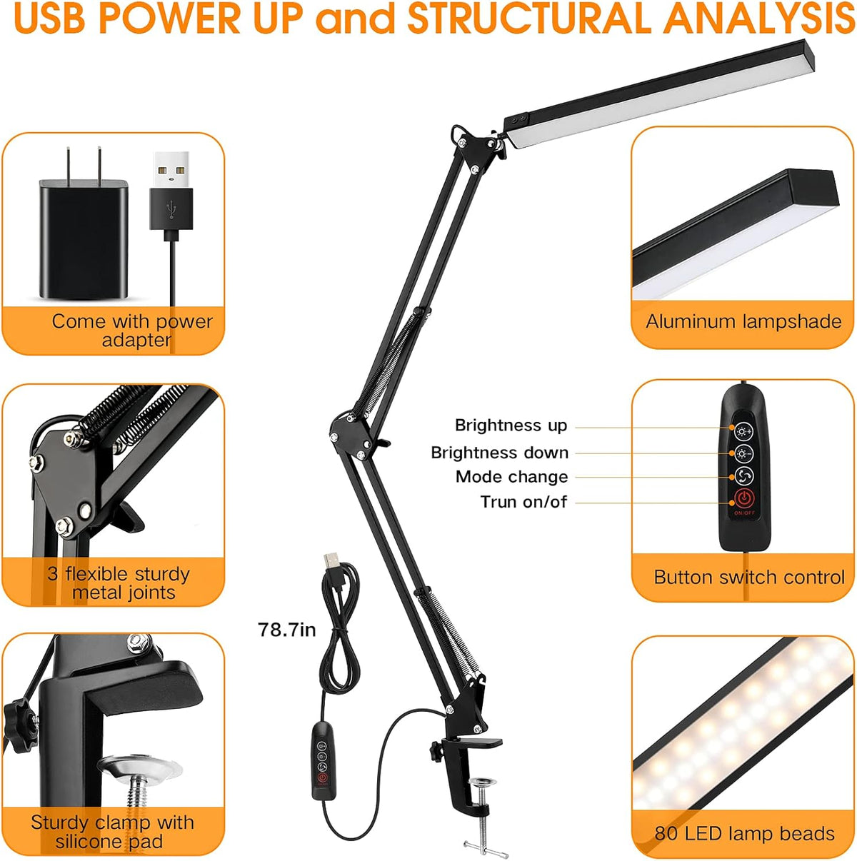 LED Desk Lamp with Clamp, 3 Modes, 30 Brightness Dimmable C3220