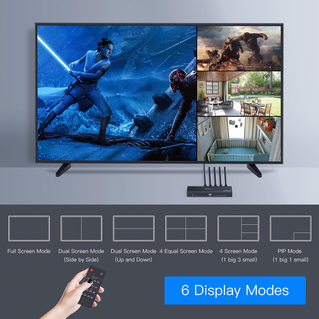 HDMI Multiviewer Switch 4x1, Quad Multi-Viewer Seamless Switcher 4 in 1 Out with Loop, Audio Extractor to Stereo, 1080p, 5 Viewing Modes U6242
