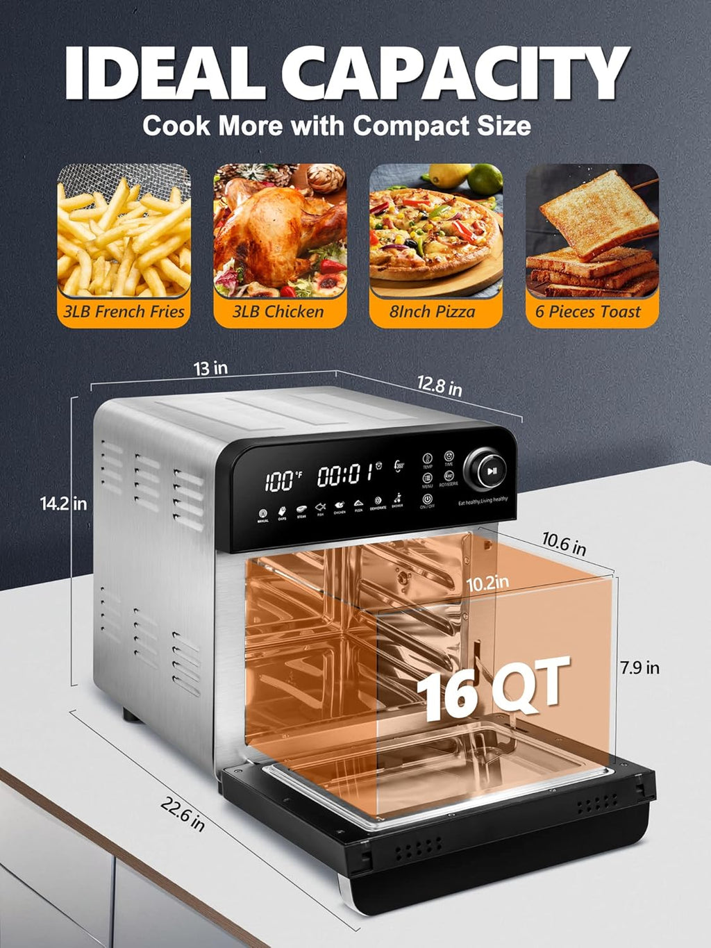 16 Quart 7-in-1 Stainless Steel Air Fryer Oven with Rotisserie and Racks R5890