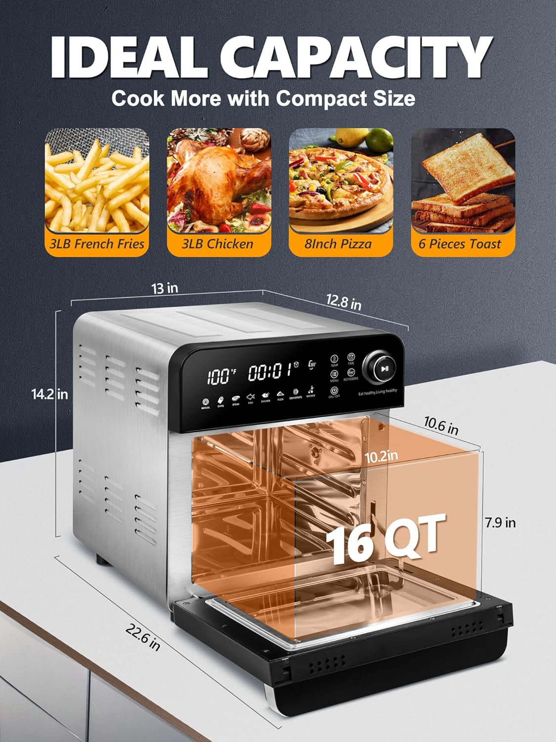16 Quart 7-in-1 Stainless Steel Air Fryer Oven with Rotisserie and Racks R5890