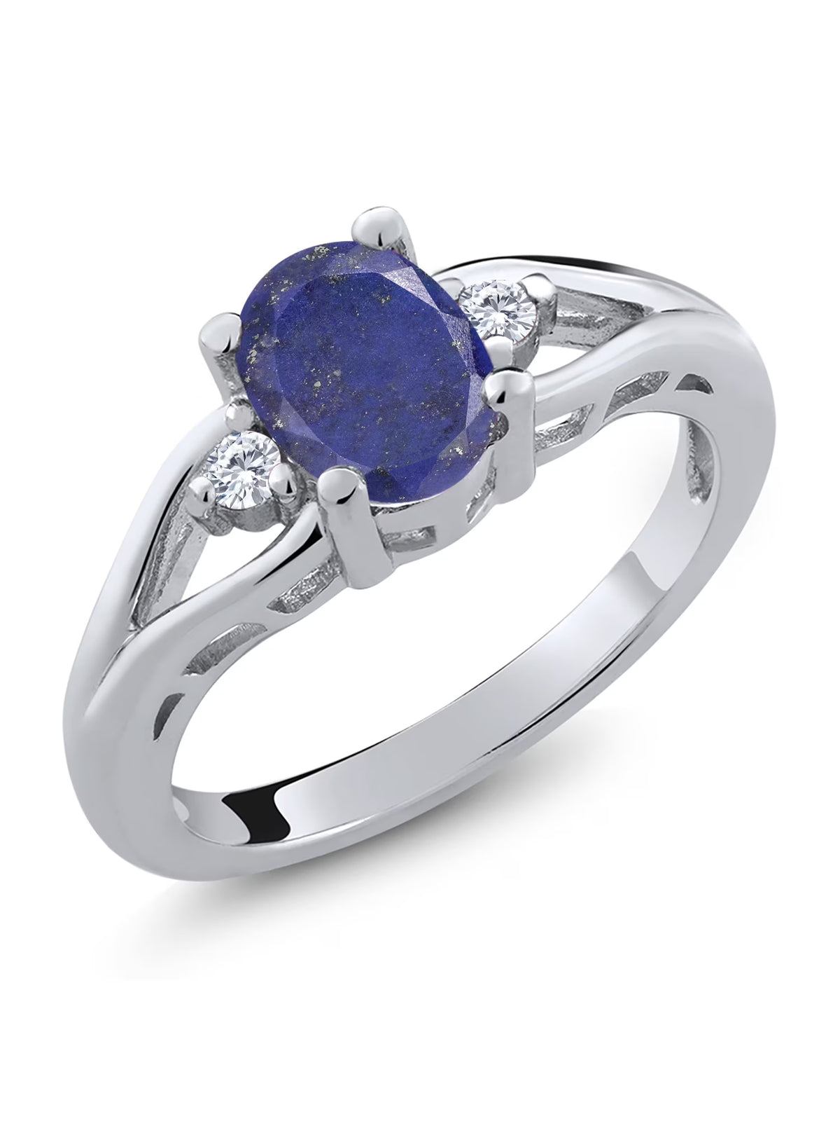 925 Sterling Silver Blue Lapis and White Moissanite 3 Stone Engagement Ring T716
