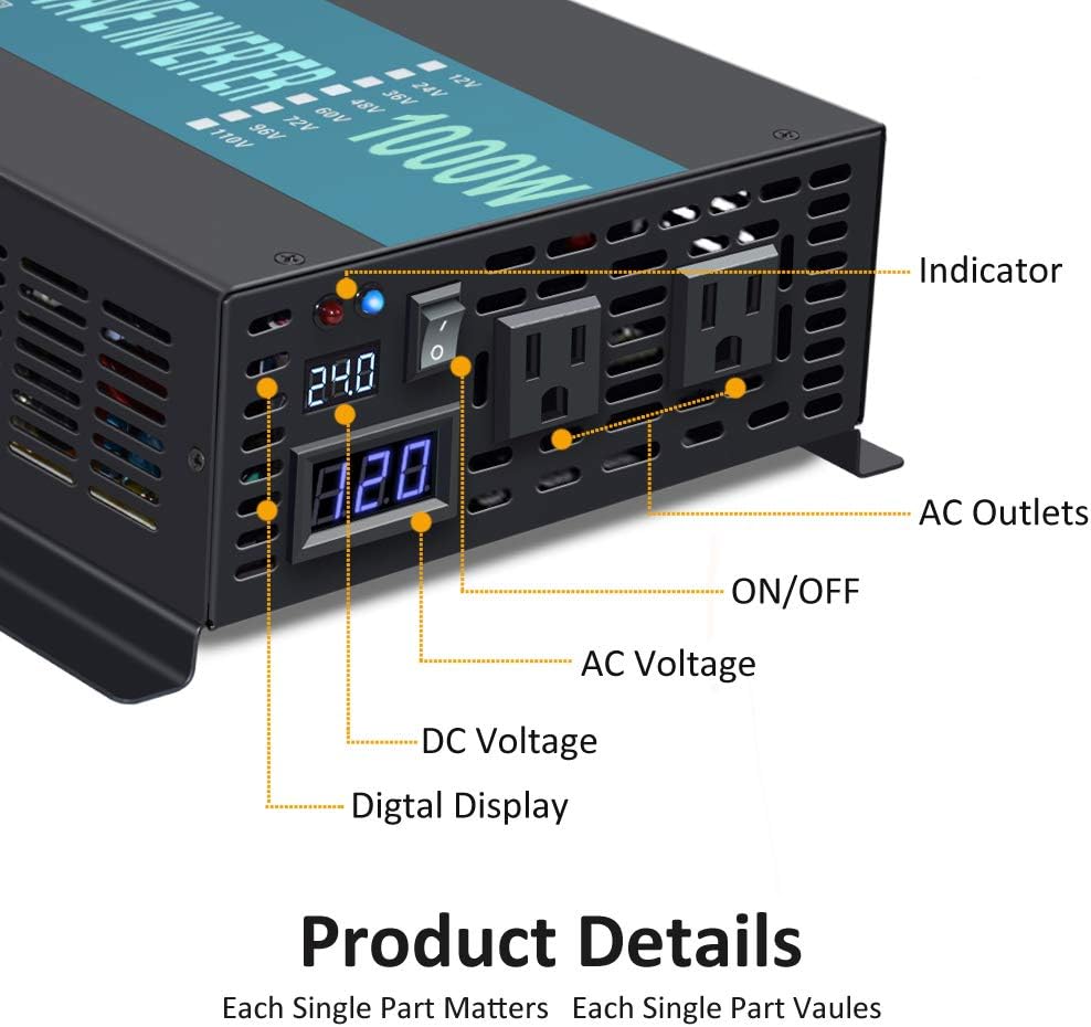 1000W Pure Sine Wave Car Power Inverter 24V DC to 120V AC with 2 AC Outlets U376