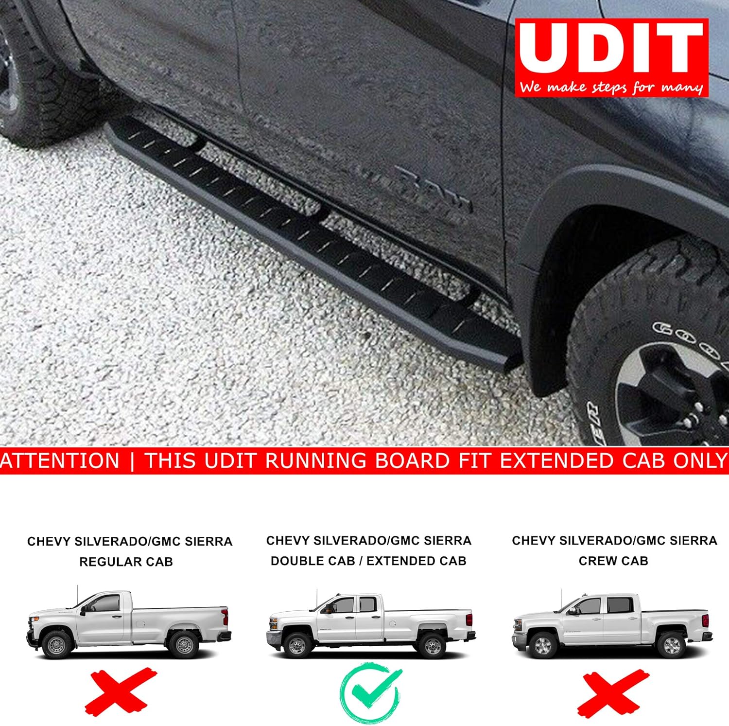 Textured Black Running Boards for Chevy Silverado GMC Sierra 1500 Extended Cab Double Cab E74027