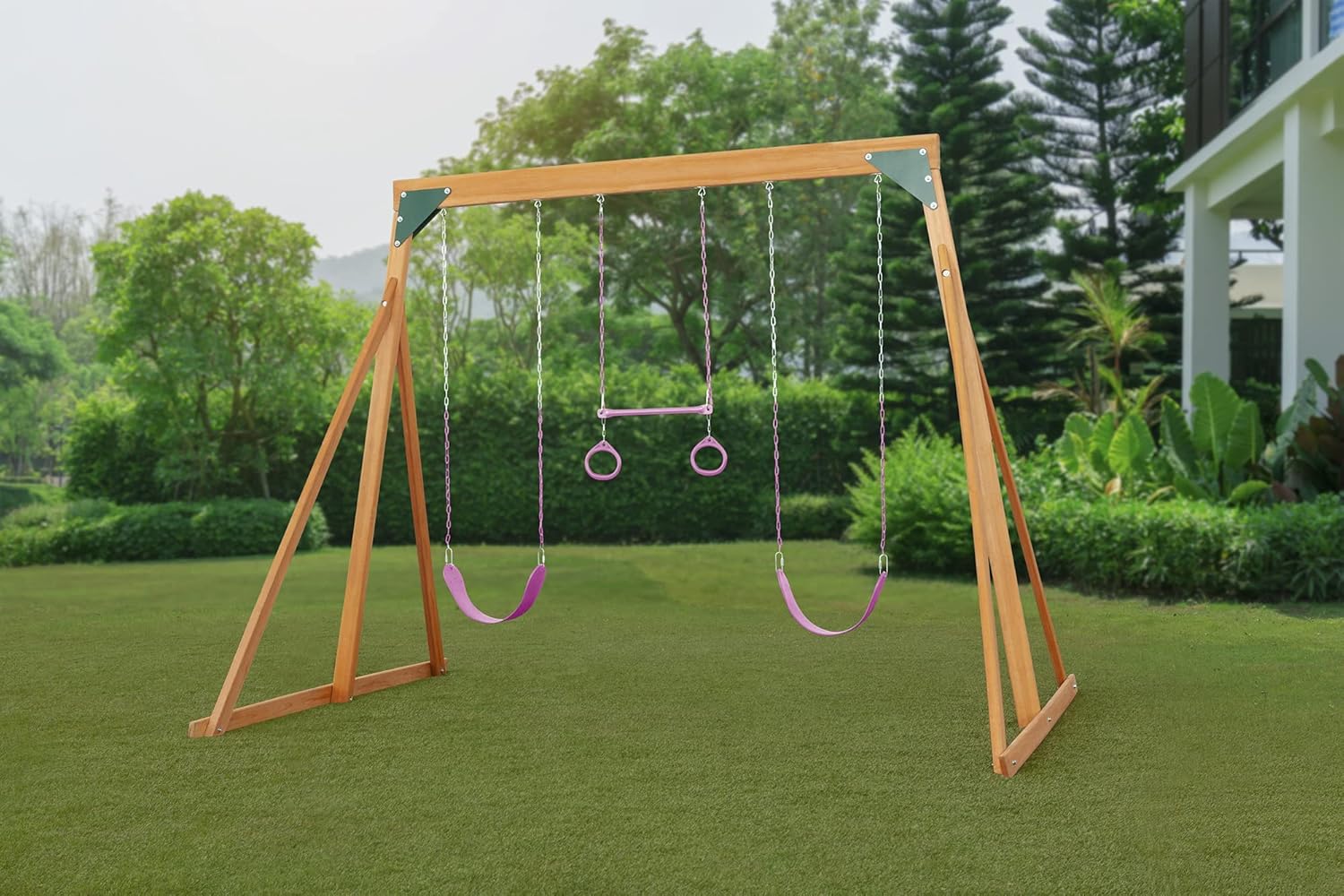 Cedar Wooden Backyard Swing Set with 2 Swings & 1 Trapeze N31289