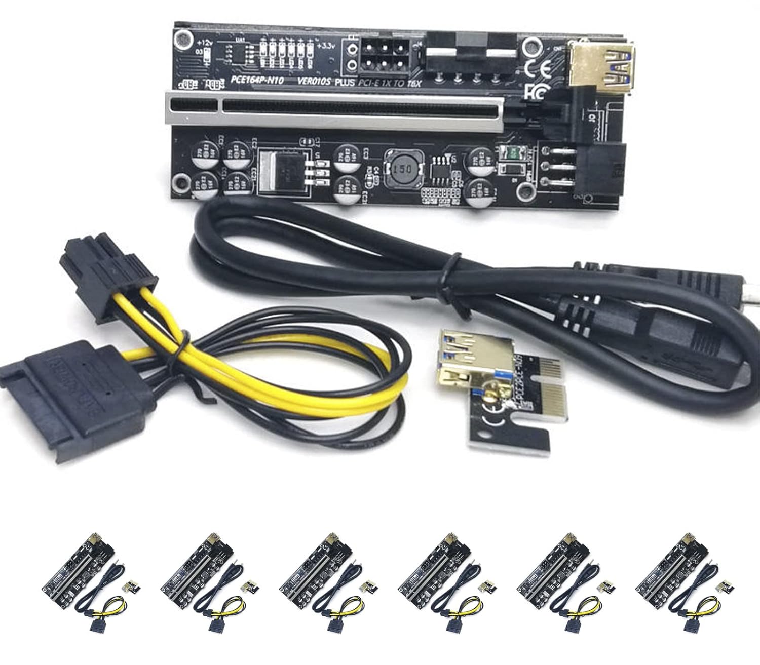 6 Packs PCIe Riser GPU Adapter with 8 Capacitors and LED Lights Q2650