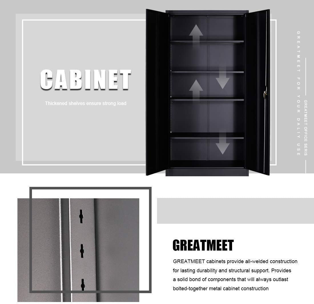 Black Metal Storage Cabinet with 2 Locking Doors and 5 Shelves H502