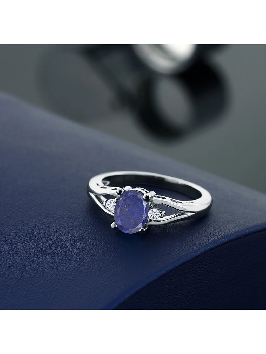 925 Sterling Silver Blue Lapis and White Moissanite 3 Stone Engagement Ring T716