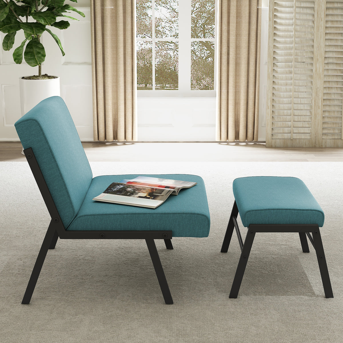 Green Linen Accent Chair with Ottoman V5288