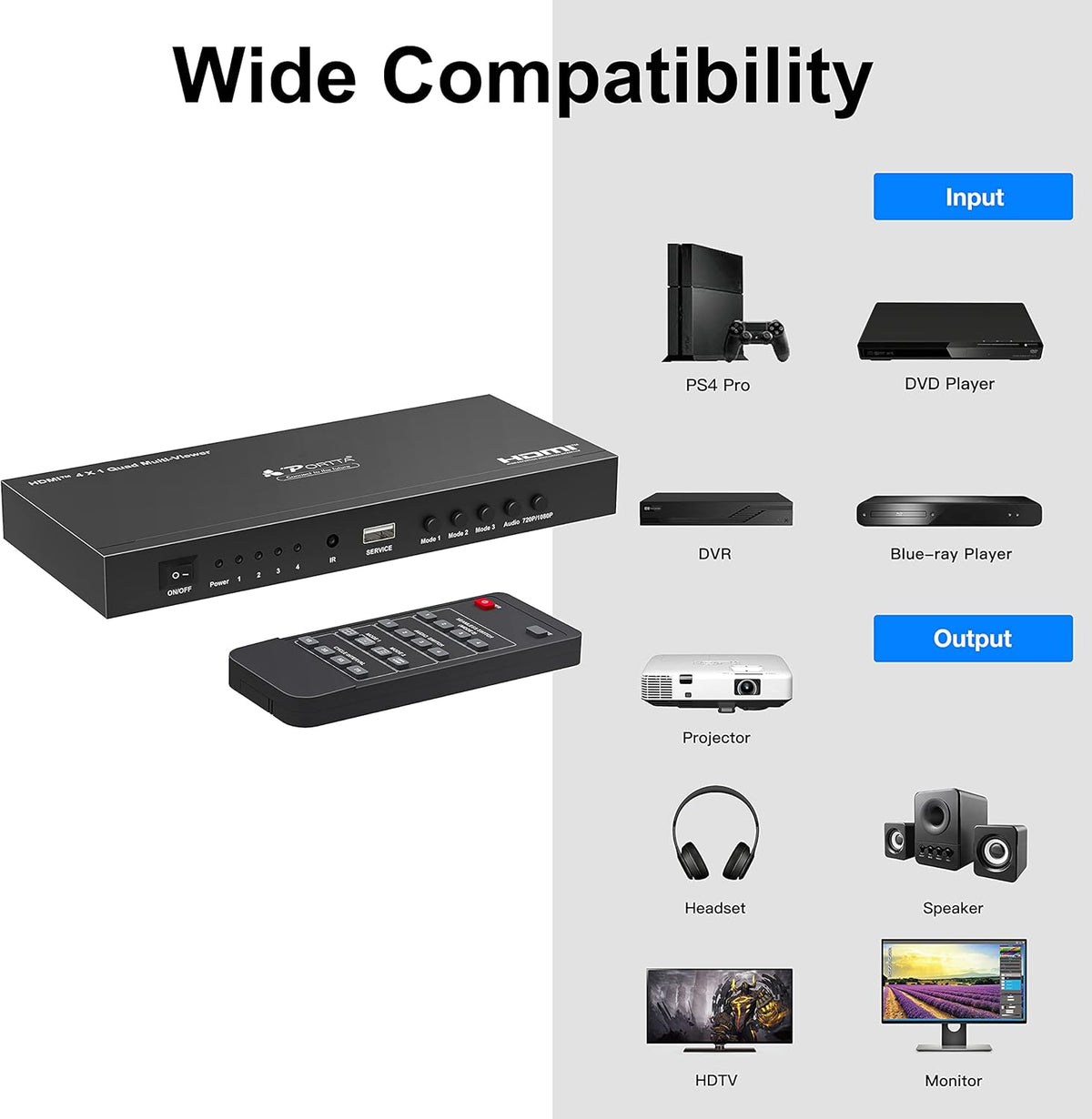 HDMI Multiviewer Switch 4x1, Quad Multi-Viewer Seamless Switcher 4 in 1 Out with Loop, Audio Extractor to Stereo, 1080p, 5 Viewing Modes U6242