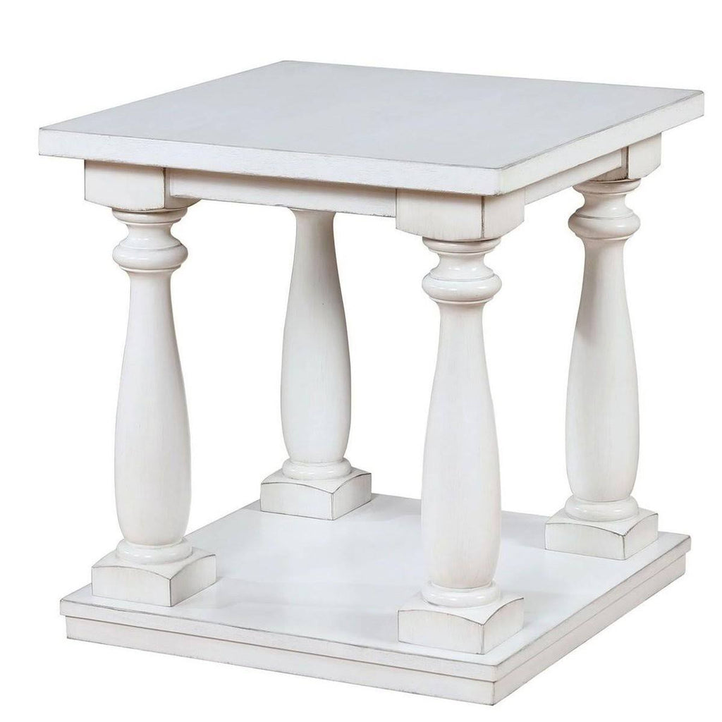 White Wooden End Table with Shelf and Turned Legs Q6145