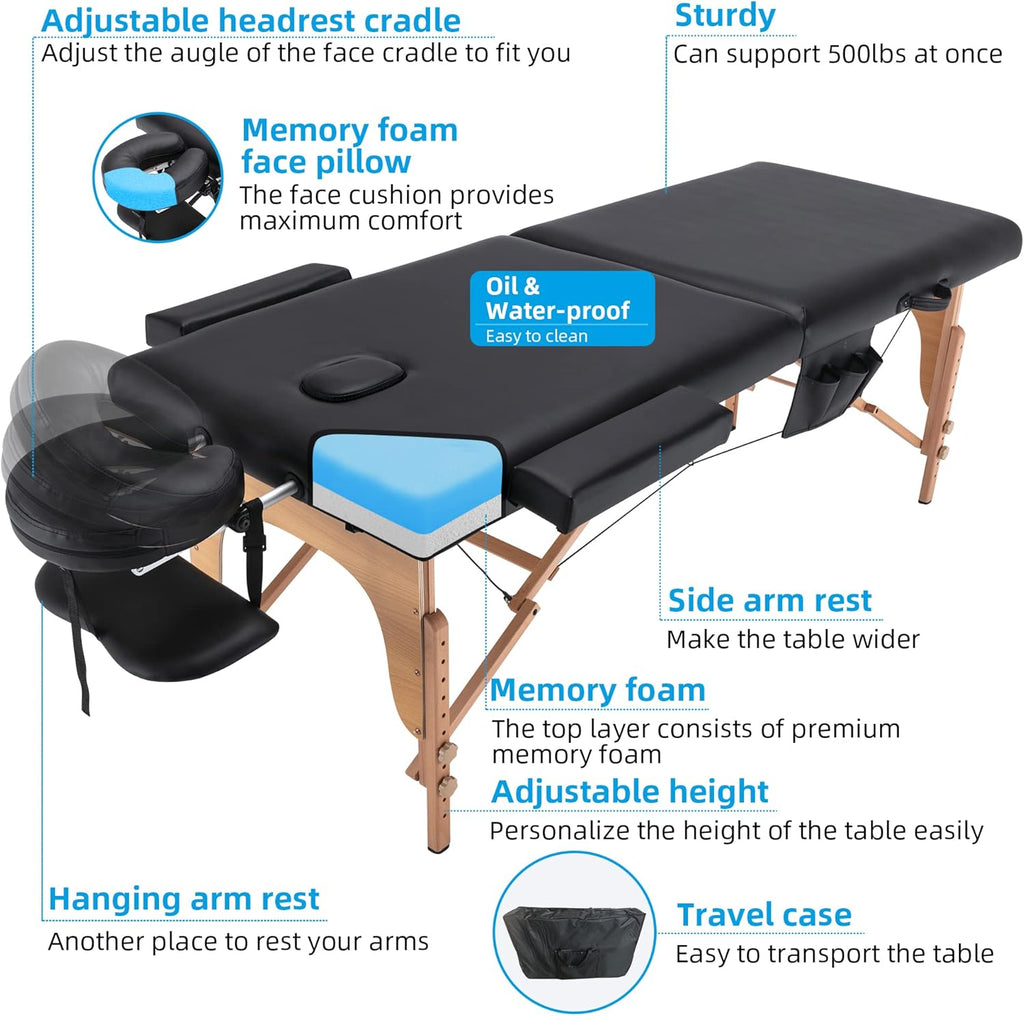 Portable Memory Foam Massage Table 84 Inches Long 28 Inches Wide Foldable Spa Bed with Carrying Case F62711