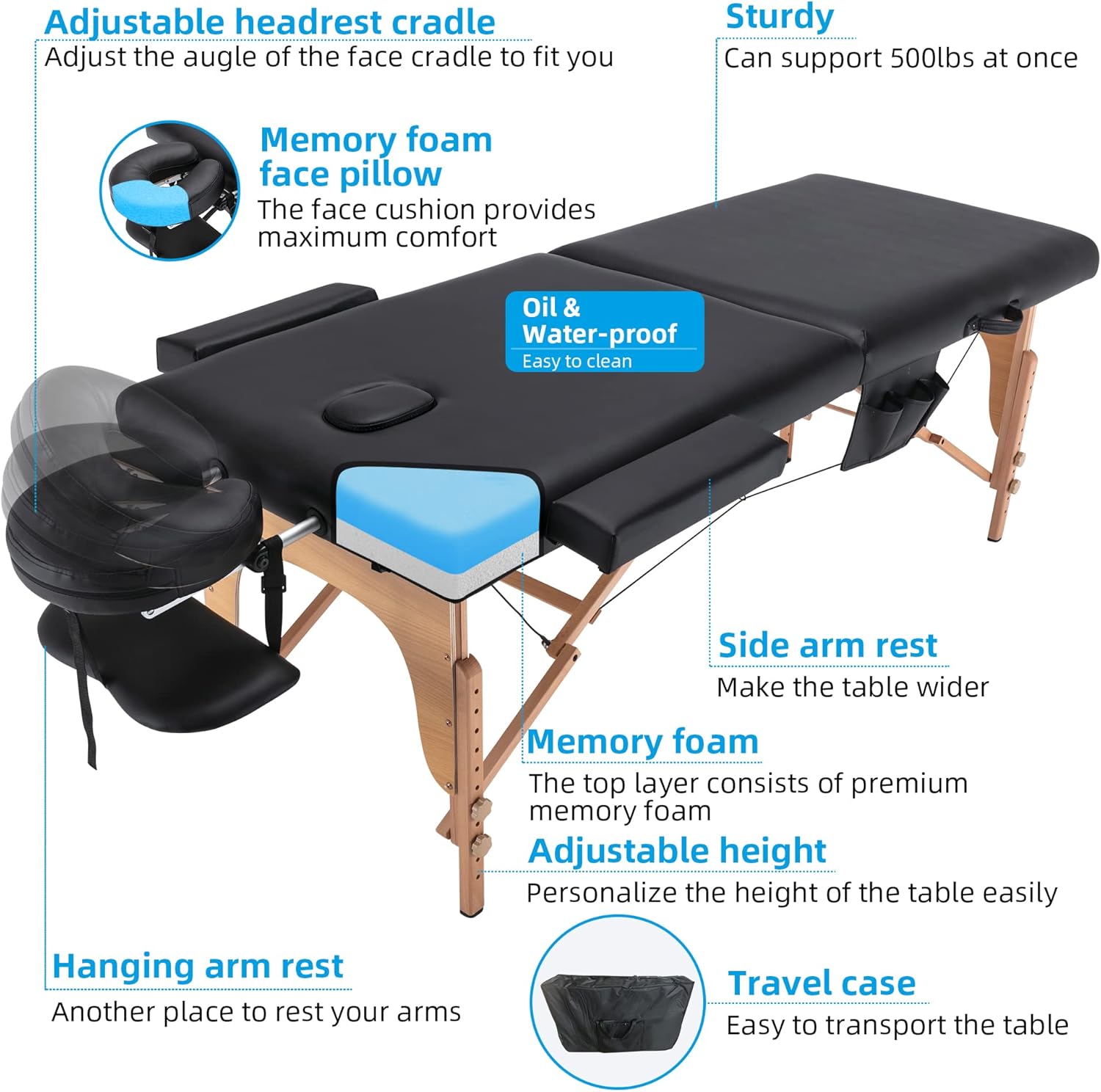 Portable Memory Foam Massage Table 84 Inches Long 28 Inches Wide Foldable Spa Bed with Carrying Case F62711