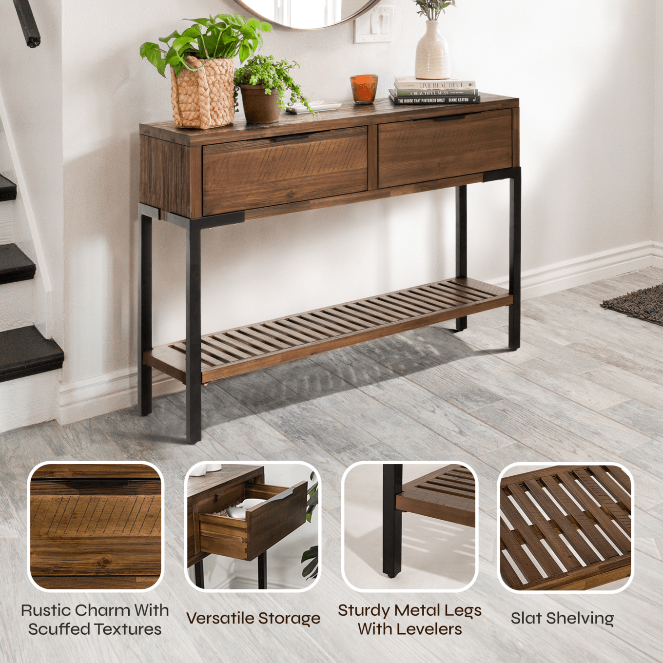 Solid Wood Console Table 2 Drawers, Burnt Umber N3587