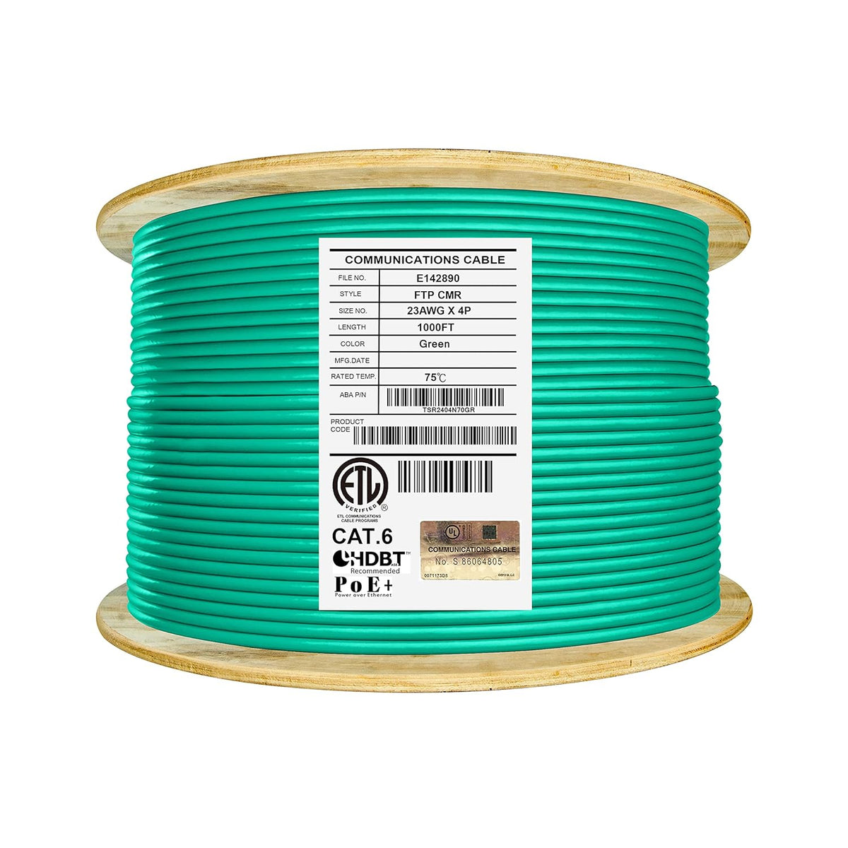 Bulk Ethernet Cable Reel, Cat6 Shielded Riser, 1000ft, F/UTP 23AWG, Solid Bare Copper, Grey C1289